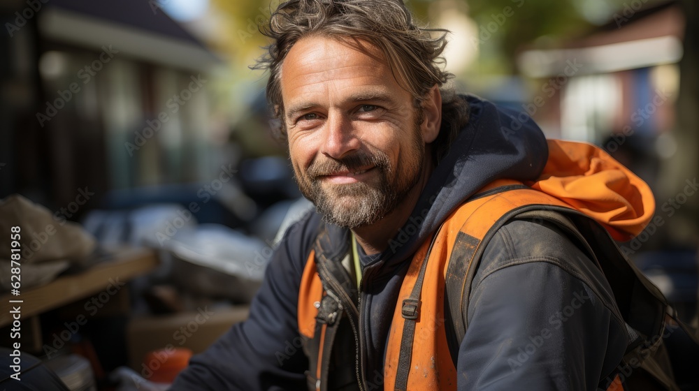 A cheerful worker is sitting in the cab of a mini excavator with a smile on his face. Generative AI A cheerful worker is sitting in the cab of a mini excavator with a smile on his face. Generative AI