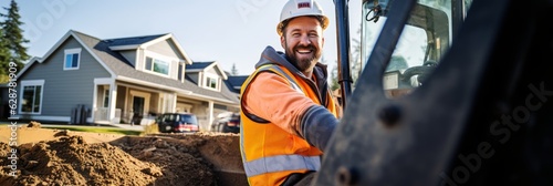 A cheerful worker is sitting in the cab of a mini excavator with a smile on his face. Generative AI