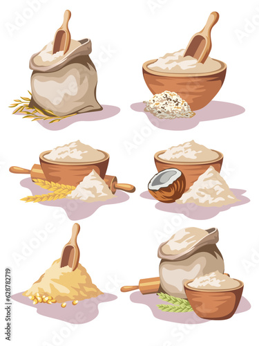 Set of different types of flour in sacks and wooden bowls isolated on white background. Vector illustration of oats, rice, buckwheat, wheat, corn and wheat flour in cartoon flat style.