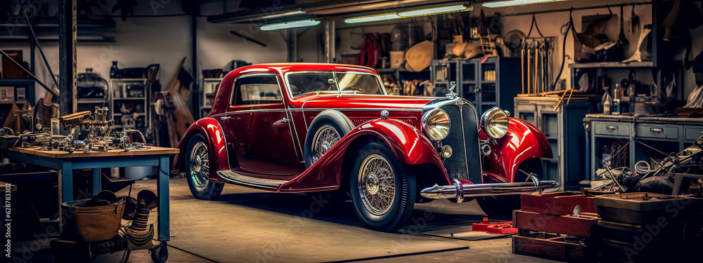 historical luxury red old veteran car in garage with workshop, banner made with Generative AI
