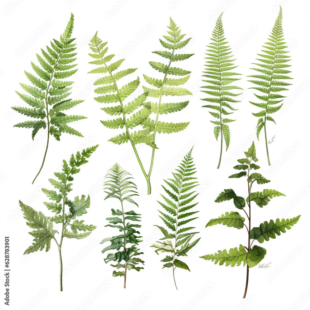 Hand drawn watercolor green fern branches with leaves isolated on a white background. generative ai.