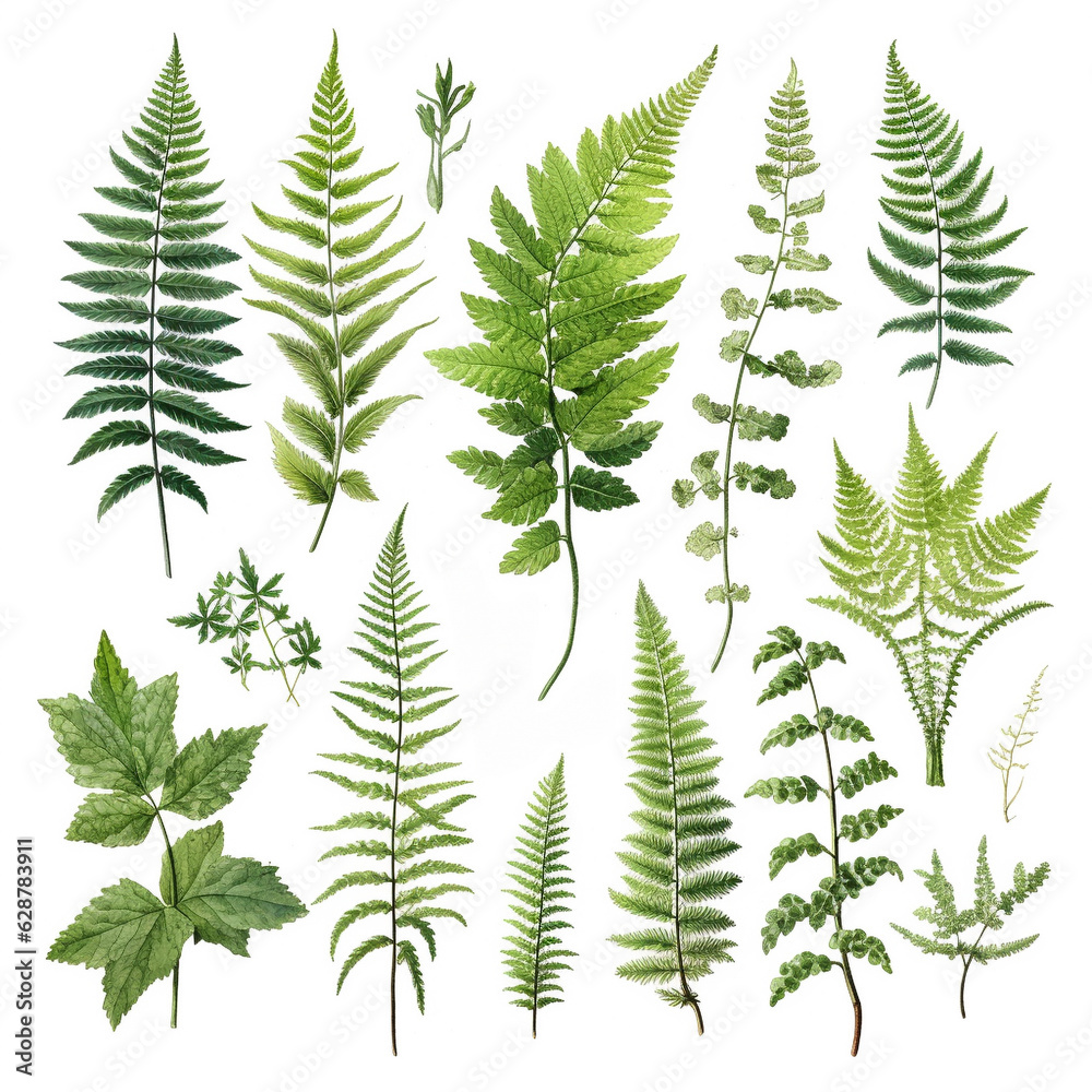 Hand drawn watercolor green fern branches with leaves isolated on a white background. generative ai. Hand drawn watercolor green fern branches with leaves isolated on a white background. generative ai.