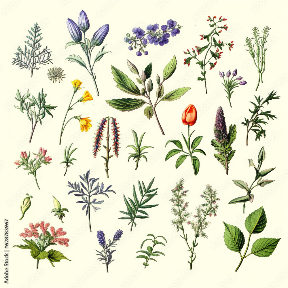 Watercolor wild flowers set. Branches, leaves, herbs, wild plants, flowers. generative ai. Watercolor wild flowers set. Branches, leaves, herbs, wild plants, flowers. generative ai.