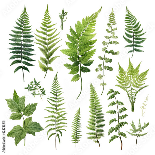 Hand drawn watercolor green fern branches with leaves isolated on a white background. generative ai.