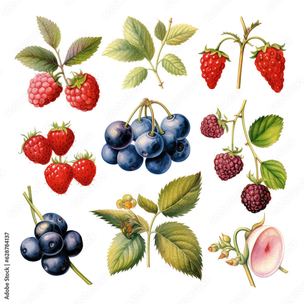Blackberry, strawberry and raspberry isolated illustration on white background. generative ai. Blackberry, strawberry and raspberry isolated illustration on white background. generative ai.