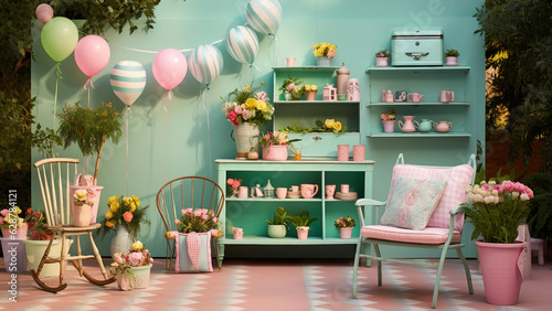 Interior of the living room with a pink chair, a cupboard with flowers, a table and a chair. generative ai 