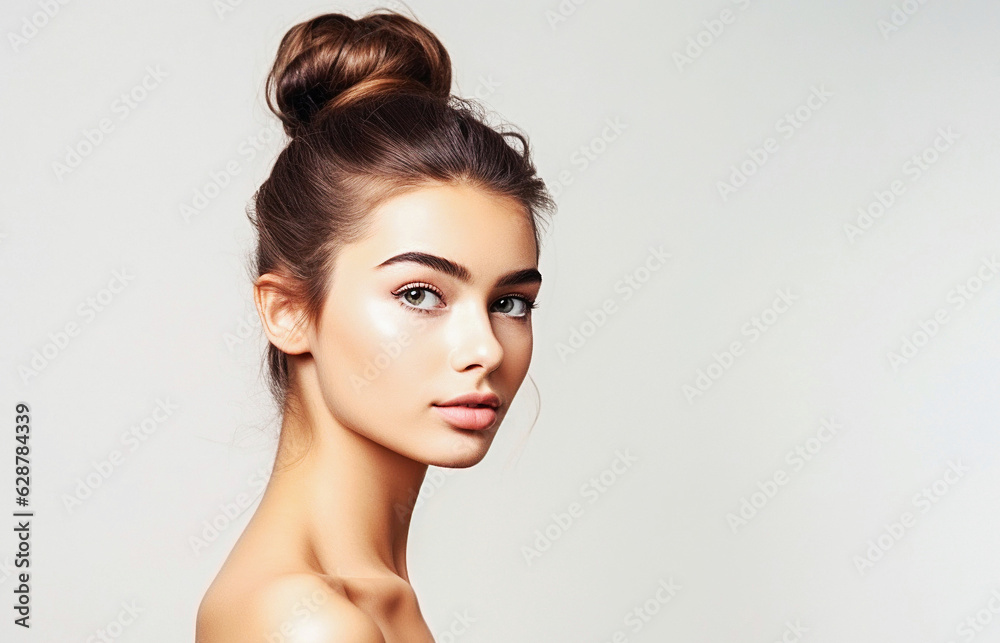 Portrait of young female brunette girl with bun hairstyle Portrait of young female brunette girl with bun hairstyle