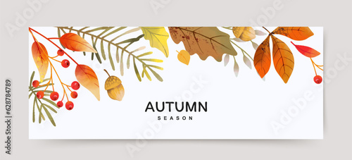 Autumn season background with red and orange watercolor leaves, branches and berries. Creative Fall border. Vector illustration