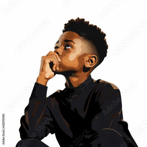 Black boy in thinking and doubts pose oil painted illustration. Male character with dreamy face on abstract background. Ai generated acrylic canvas bright poster.