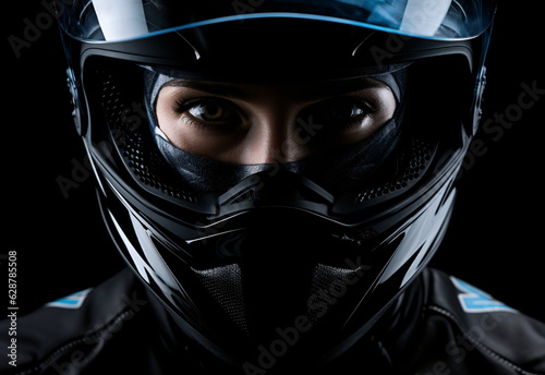Young caucasian female rider in studio wearing safety motorcycle helmet. light studio on black background, ready for contest or competition. Generative ai