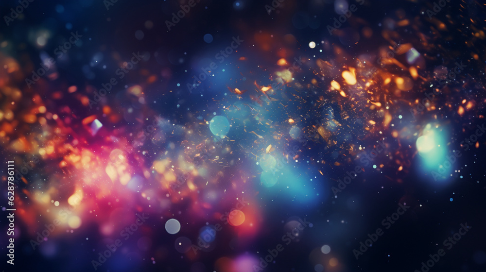 Abstract colorful glittering effect defocused design on dark background, shiny elegance fantasy bright color contrast with black concept