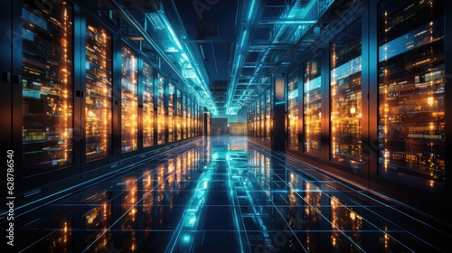 A massive data center with racks of servers photo