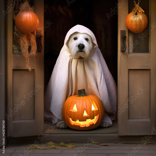 Dog in a carved pumpkin costume © digitizesc