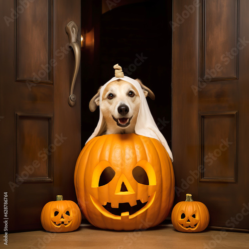 Dog in a carved pumpkin costume
