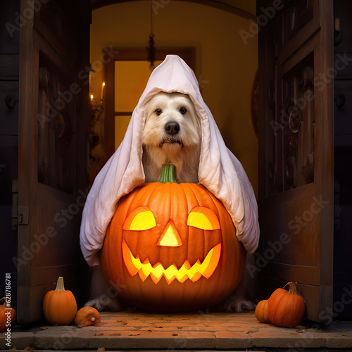 Dog in a carved pumpkin costume