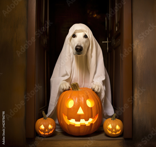 Dog in a carved pumpkin costume © digitizesc