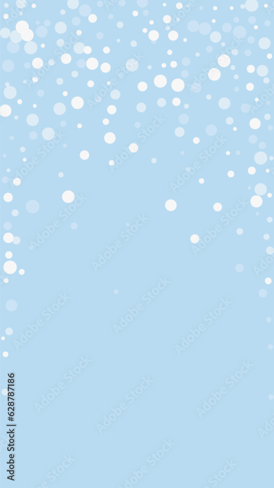Magic falling snow christmas background. Subtle flying snow flakes and stars on light blue winter backdrop. Magic falling snow holiday scenery.   Vertical vector illustration.