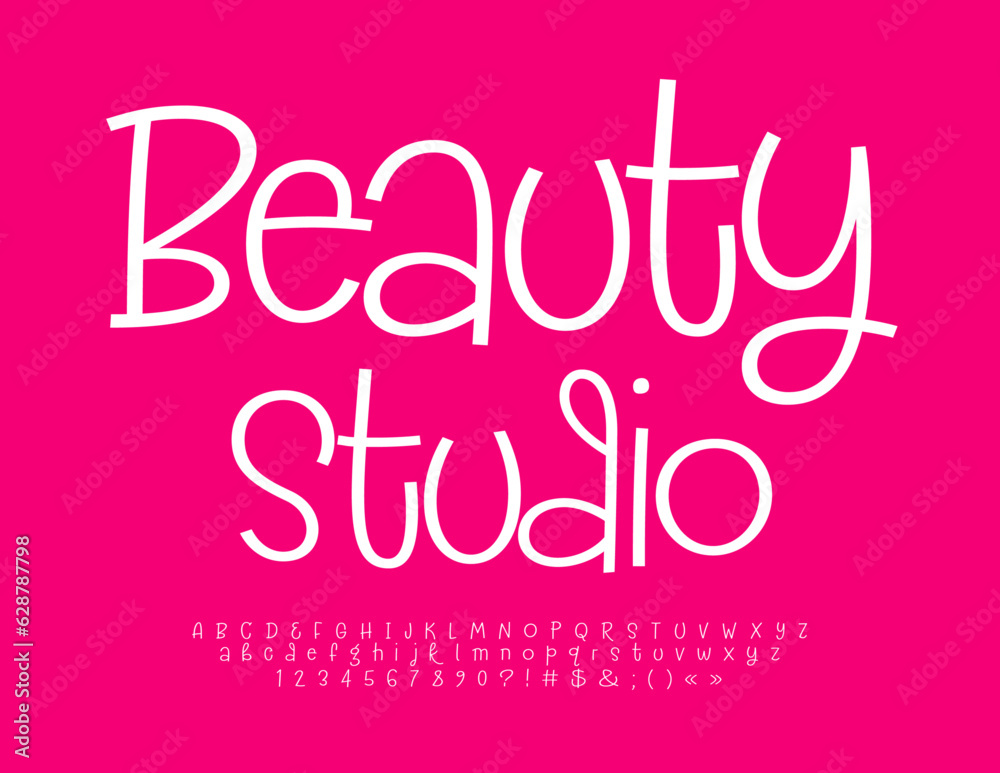 Vector playful icon Beauty Studio. Funny handwritten Font. Slim White Alphabet Letters, Numbers and Symbols set