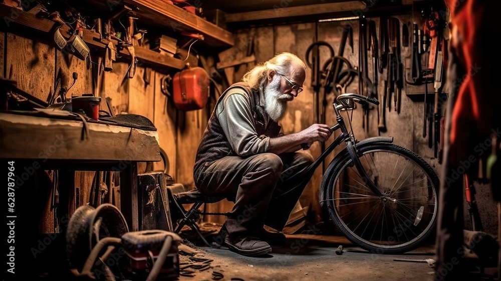 Man fix bicycle in his garage, craftsman 