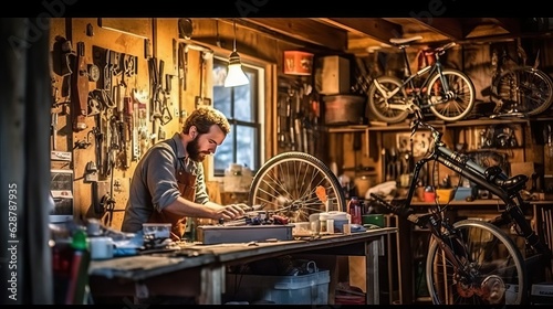 Man fix bicycle in his garage  craftsman 