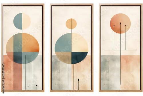 Set of abstract geometric wall paintings. Watercolor abstract painting in a wooden frame. Modern interior triptych with circles, squares and lines. Isolated on a transparent background. KI. 