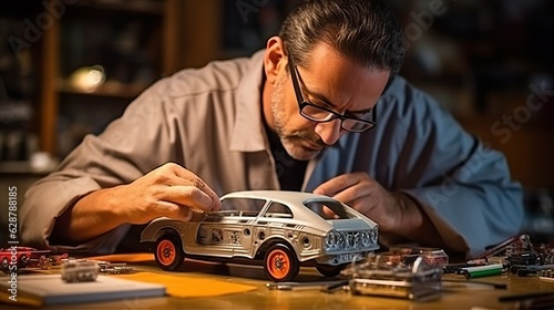 Skilled Man Devotes His Spare Time to Crafting and Assembling a Model Car with Precision and Dedication: Hobbyist's Passion