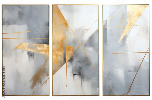 Set of abstract wall paintings. Minimalist paintings in a frame with a gray-gold abstraction. Modern interior triptych. Isolated on a transparent background. KI. 