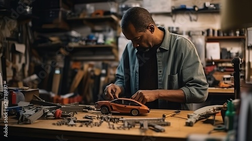 Skilled Man Devotes His Spare Time to Crafting and Assembling a Model Car with Precision and Dedication  Hobbyist s Passion