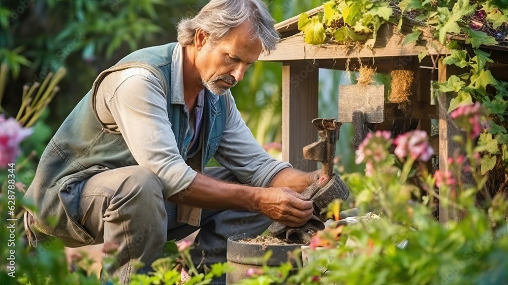 Fototapeta premium DIY Backyard Project: Skilled Elder Man Engaged in the Construction of a Birdhouse in His Scenic Outdoor Space