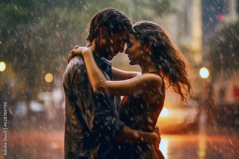 Couple sharing passionate kiss in rain, showcasing deep emotional