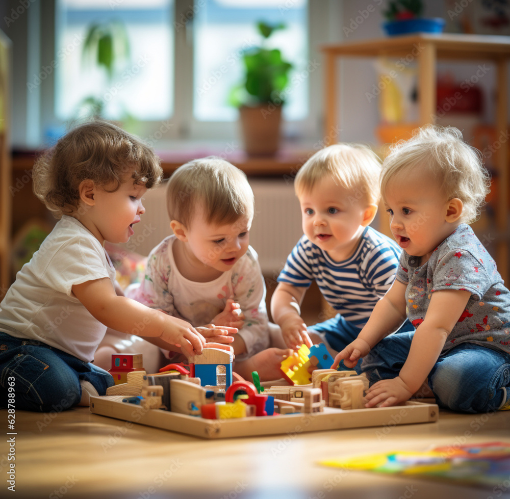 Children playing in a kindergarten. Generative AI. Children playing in a kindergarten. Generative AI.