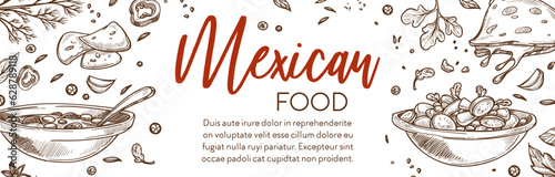Mexican food menu, salad and roll wrap dishes