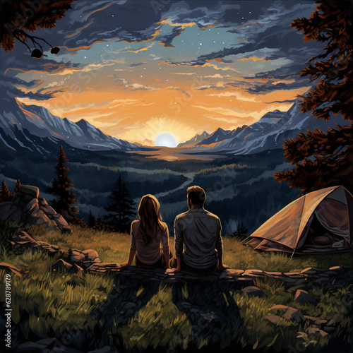 Couple camping in the woods. Generative AI.