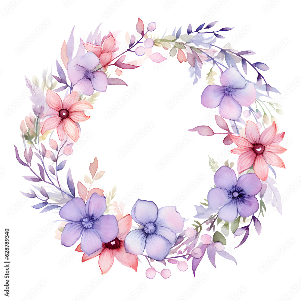 Watercolor floral wreath, in the style of soft and dreamy atmosphere, made of flowers iolated on white background. Image created with Generative AI technology