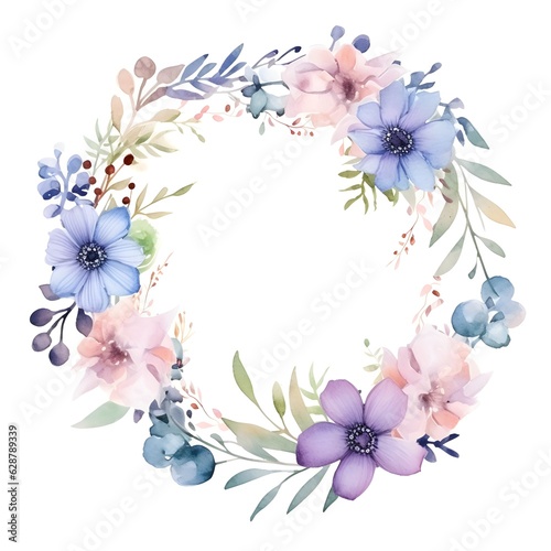 Watercolor floral wreath, in the style of soft and dreamy atmosphere, made of flowers iolated on white background. Image created with Generative AI technology