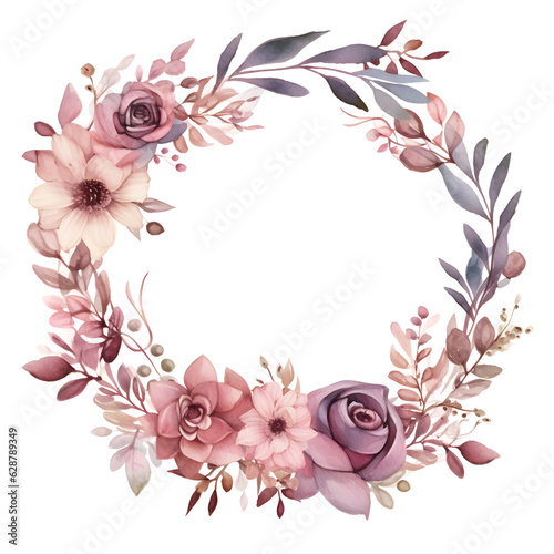 Watercolor floral wreath, in the style of soft and dreamy atmosphere, made of flowers iolated on white background. Image created with Generative AI technology