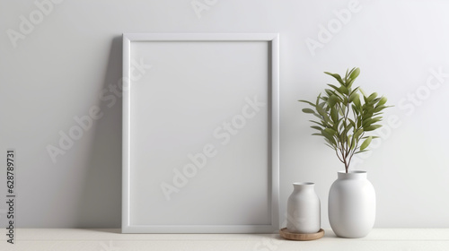 blank white picture with simple frame resting on modern table