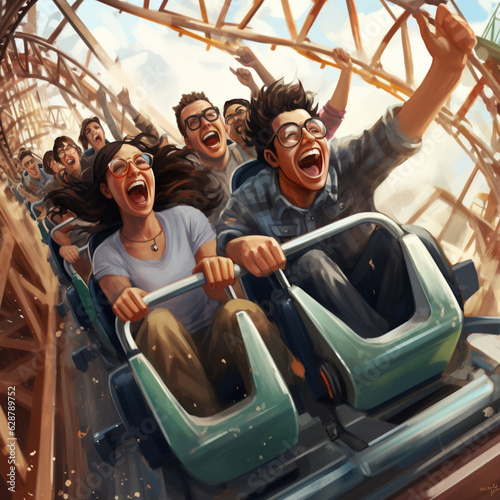 Happy people on a roller coaster. Generative AI. © DALU11