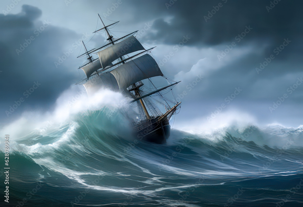 Oil painting of ship sailing in rough water with strong waves - obrazy, fototapety, plakaty 