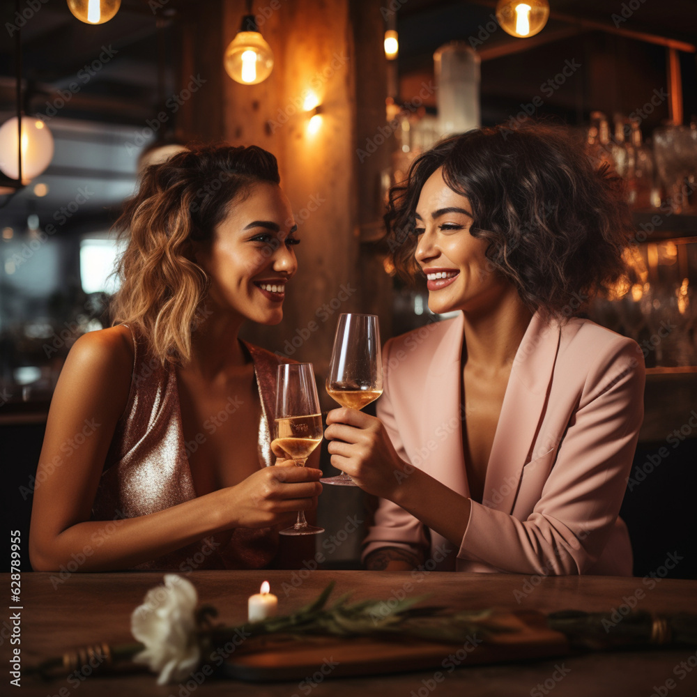Lesbian couple at a dinner. Generative AI. Lesbian couple at a dinner. Generative AI.