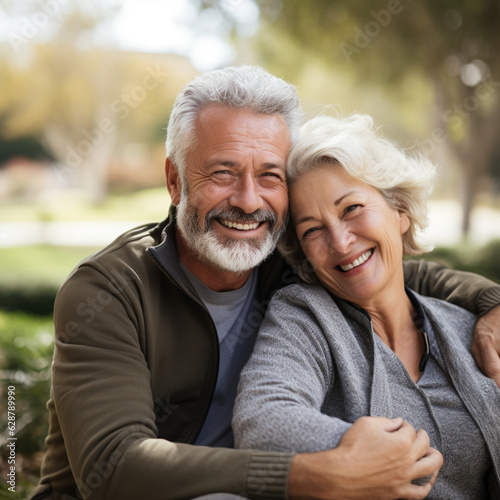 Senior couple embracing in the park. Generative AI.