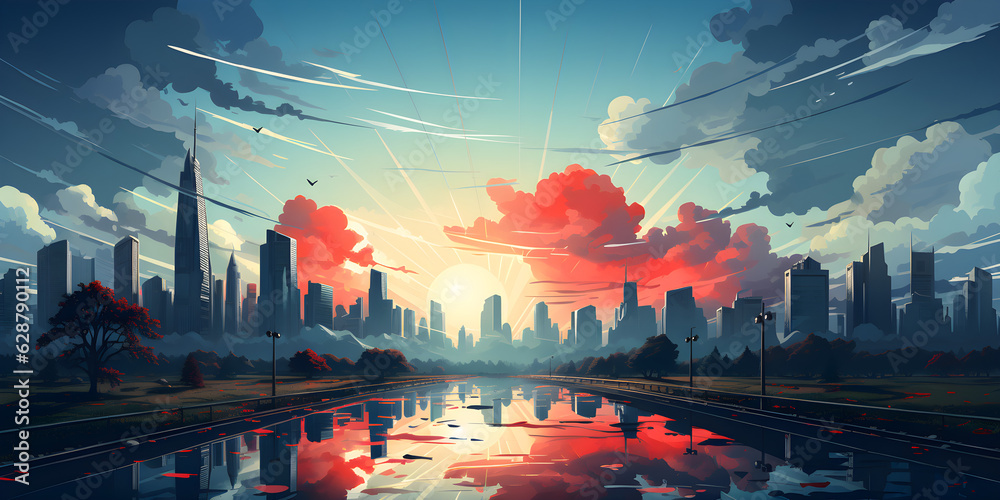 Fototapeta premium Modern city flat vector landscape created with Generative AI technology