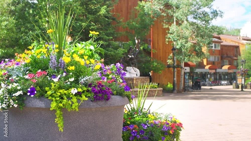 Vail Colorado Lionshead town ski resort mountain village with flowers garden in sunny summer with people walking by stores, shops and restaurants photo