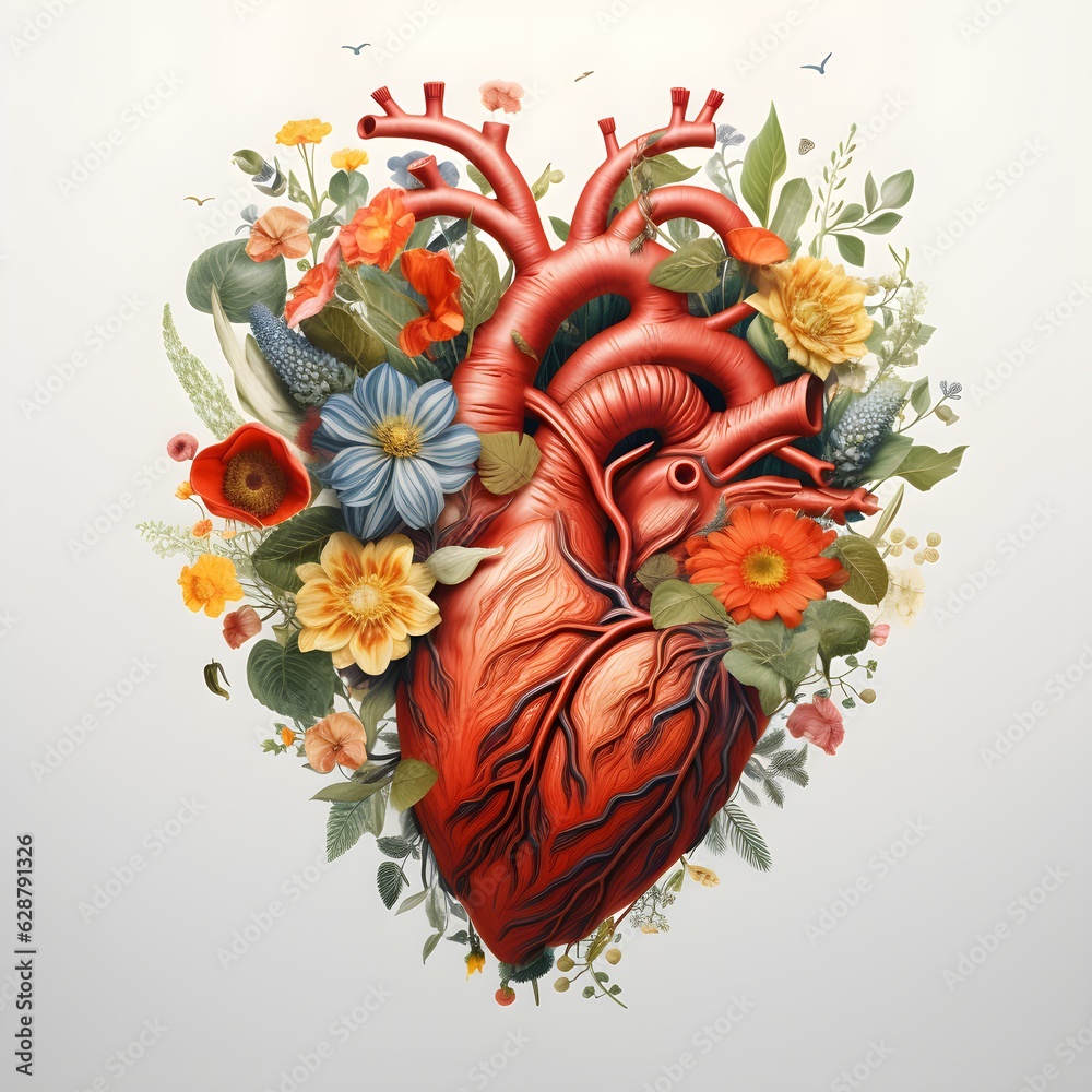 Naklejka premium Illustration of a biological heart surrounded by flowers, in the style of photorealistic compositions, colorful palette, dynamic anatomy created with Generative AI technology