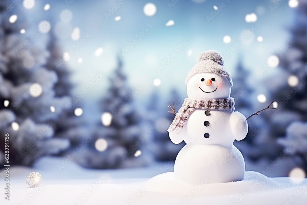  Snowman in winter scenery with copy space