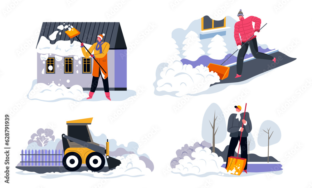 People cleaning road and yard from snow in winter