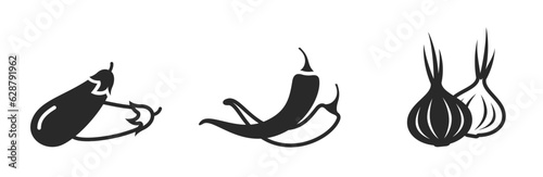 eggplant, onion and hot chili pepper icons. vegetable, organic food and agriculture symbols