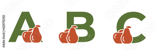 abc capital letters with apple and pear. fruit and organic food alphabet design. gardening and harvest design