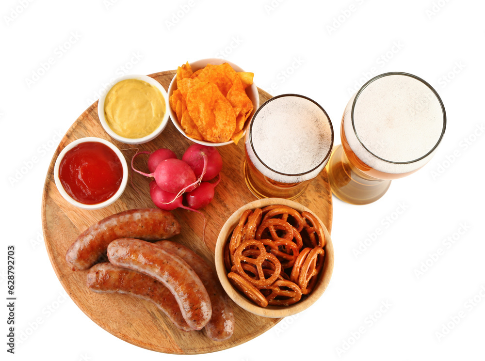 Glasses of cold beer and plate with different snacks on white background. Oktoberfest celebration Glasses of cold beer and plate with different snacks on white background. Oktoberfest celebration