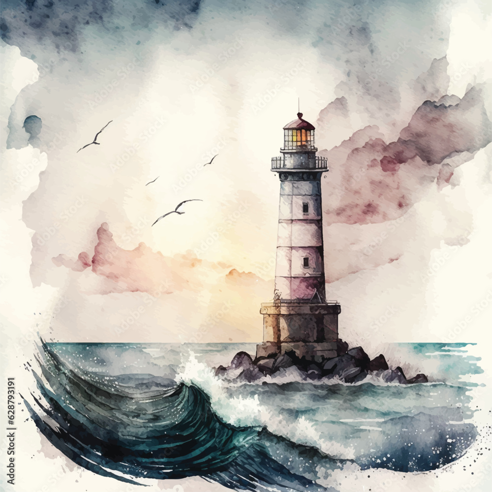 A seascape with a lighthouse in the distance watercolor paint.